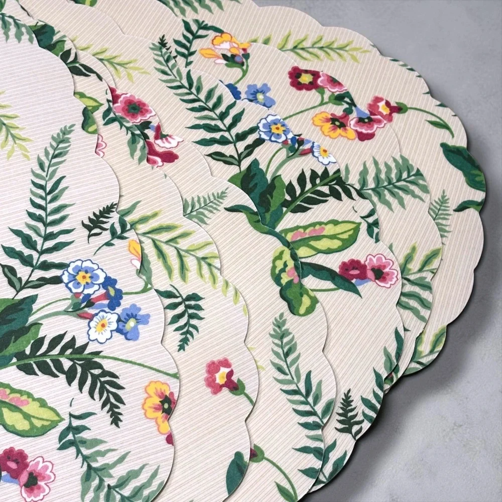 Vintage Drulane Primrose Floral Scalloped Oval Vinyl Placemats Set of‎ 6 Cream